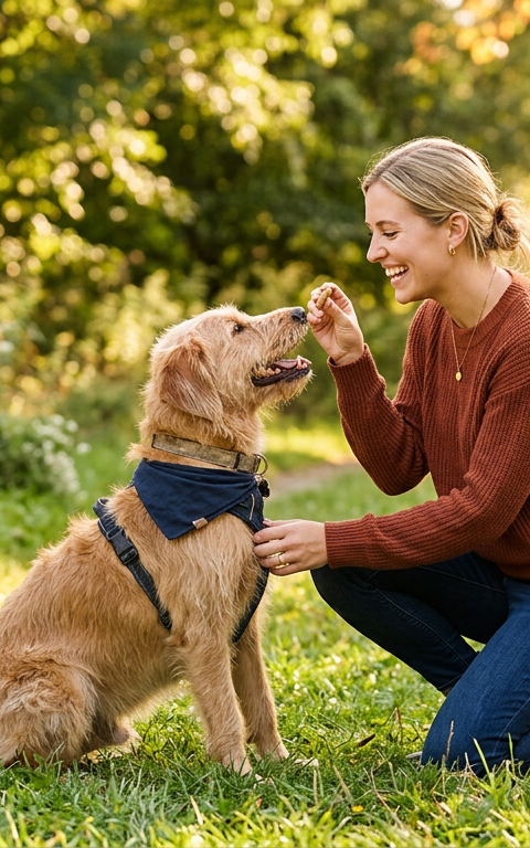 A happy person giving a treat to their dog during a positive reinforcement training session outdoors.