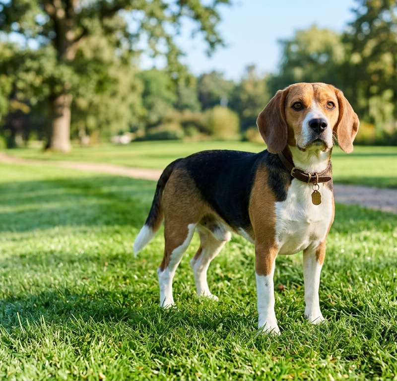 A Beagle standing on green grass during a sunny morning walk, looking back at its owner.