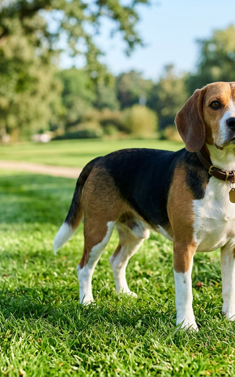 A Beagle standing on green grass during a sunny morning walk, looking back at its owner.