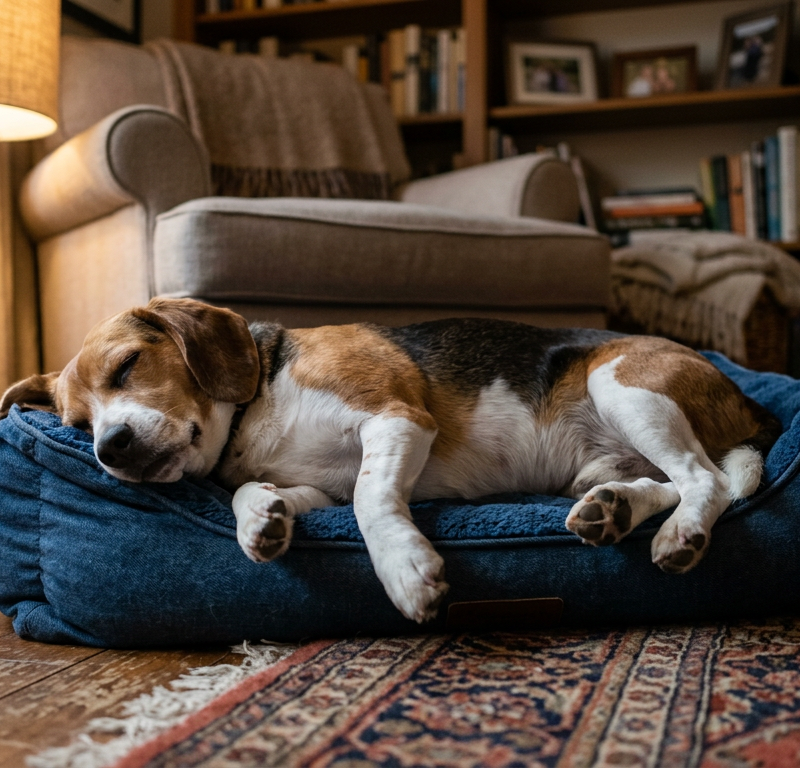 A Beagle dog sleeping soundly on a plush bed, twitching its paws and letting out a soft whimper.