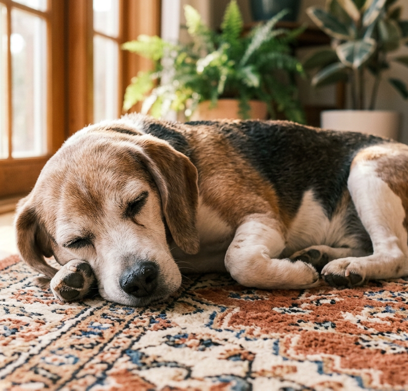 An elderly Beagle dog curled up peacefully on a soft rug in a sunlit living room.