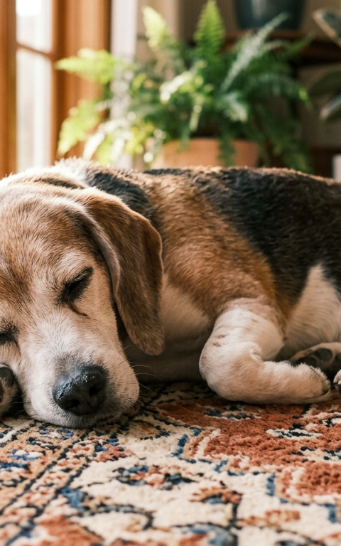 An elderly Beagle dog curled up peacefully on a soft rug in a sunlit living room.