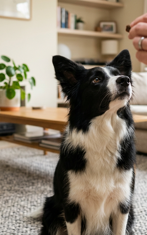 A trainer giving a treat to a seated Border Collie in a bright living room.