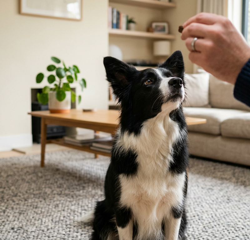 A trainer giving a treat to a seated Border Collie in a bright living room.