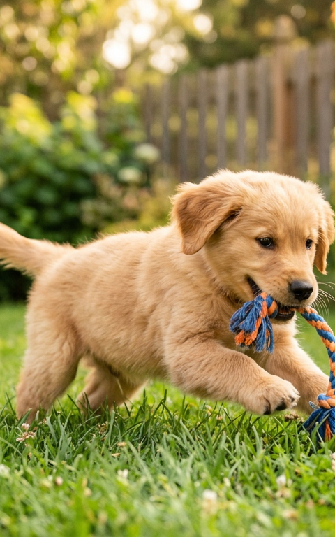 A young puppy playing with a soft toy on a green lawn during a short play session.