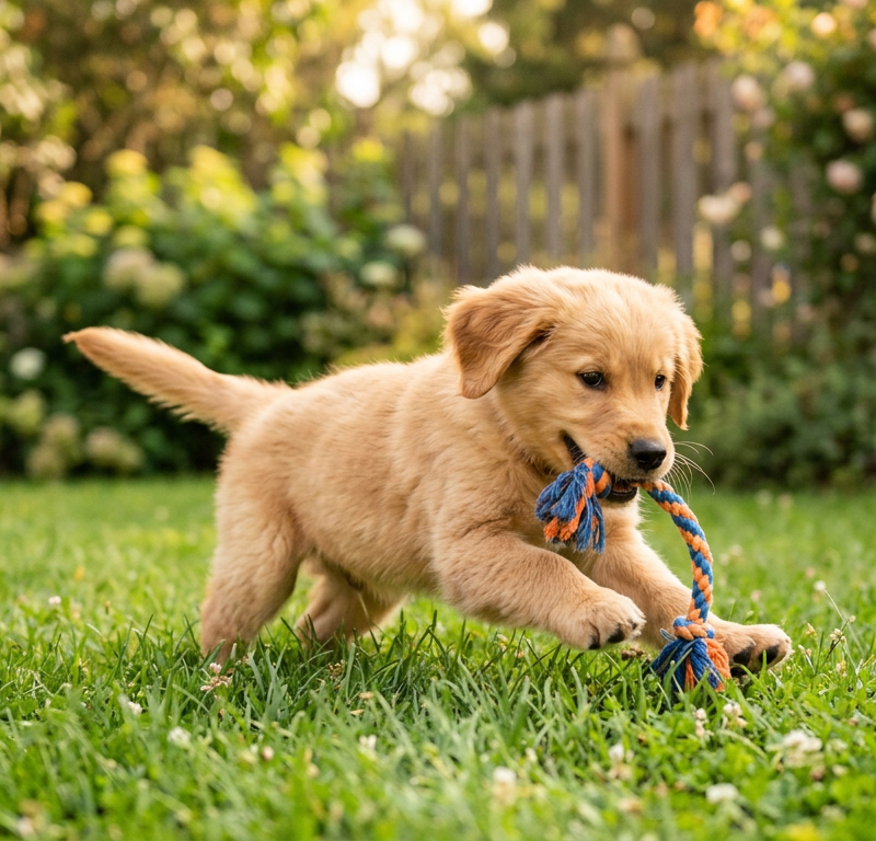 A young puppy playing with a soft toy on a green lawn during a short play session.