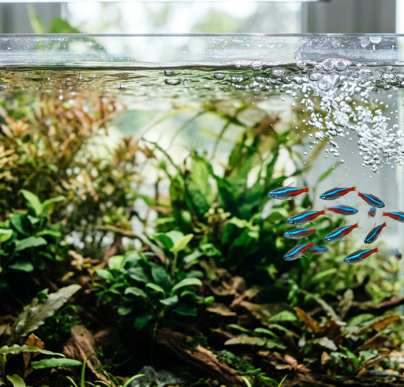 A group of neon tetra fish swimming near the water surface in a clear aquarium with bubbles.