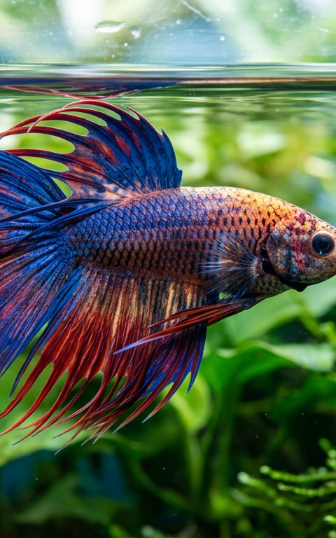 A colorful Betta fish struggling with buoyancy, floating sideways near the water surface of a planted aquarium.
