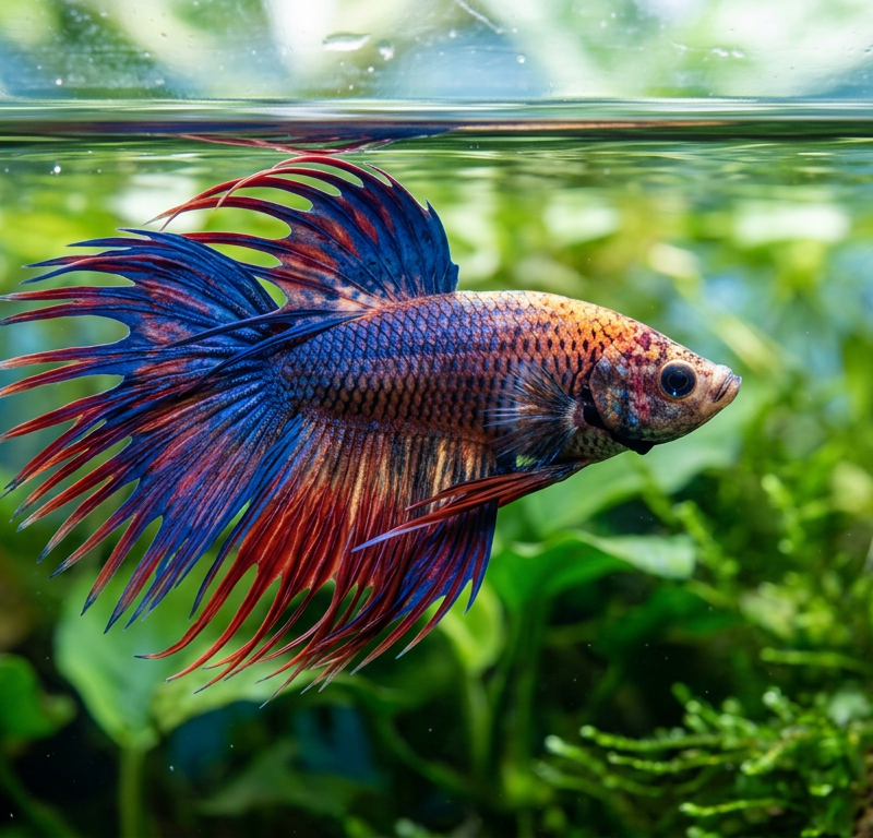 A colorful Betta fish struggling with buoyancy, floating sideways near the water surface of a planted aquarium.