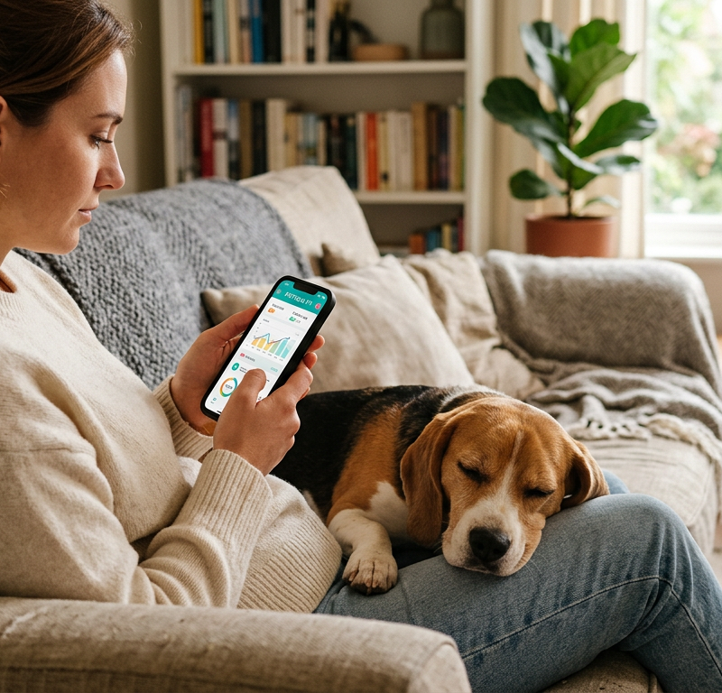 A concerned owner uses a smartphone to check the symptoms of their Beagle sitting calmly nearby.