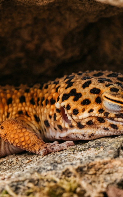 A leopard gecko resting inside a dark rock hide with its eyes closed naturally during the daytime.