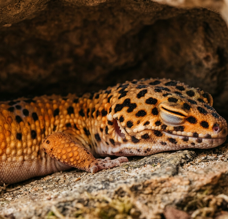 A leopard gecko resting inside a dark rock hide with its eyes closed naturally during the daytime.