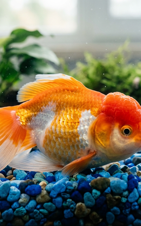 A bright orange Oranda goldfish resting quietly on smooth blue gravel at the bottom of a clean aquarium.