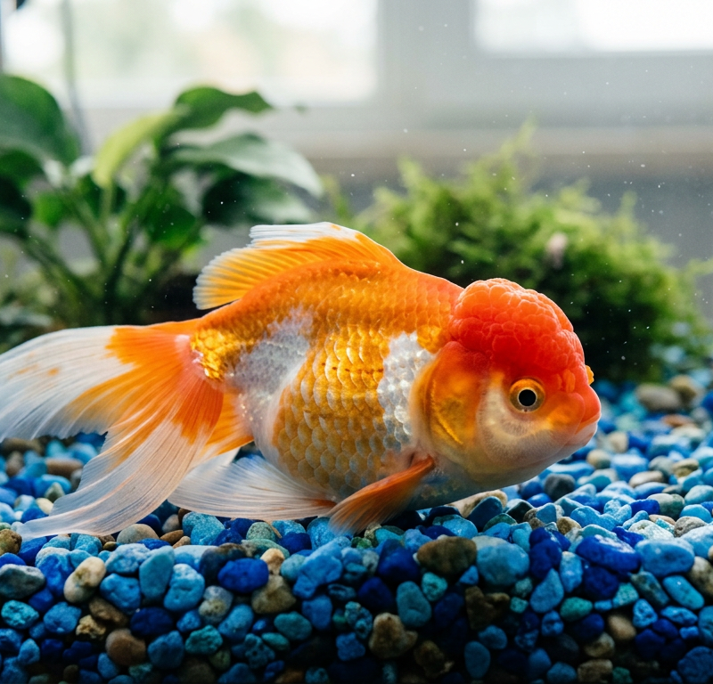 A bright orange Oranda goldfish resting quietly on smooth blue gravel at the bottom of a clean aquarium.