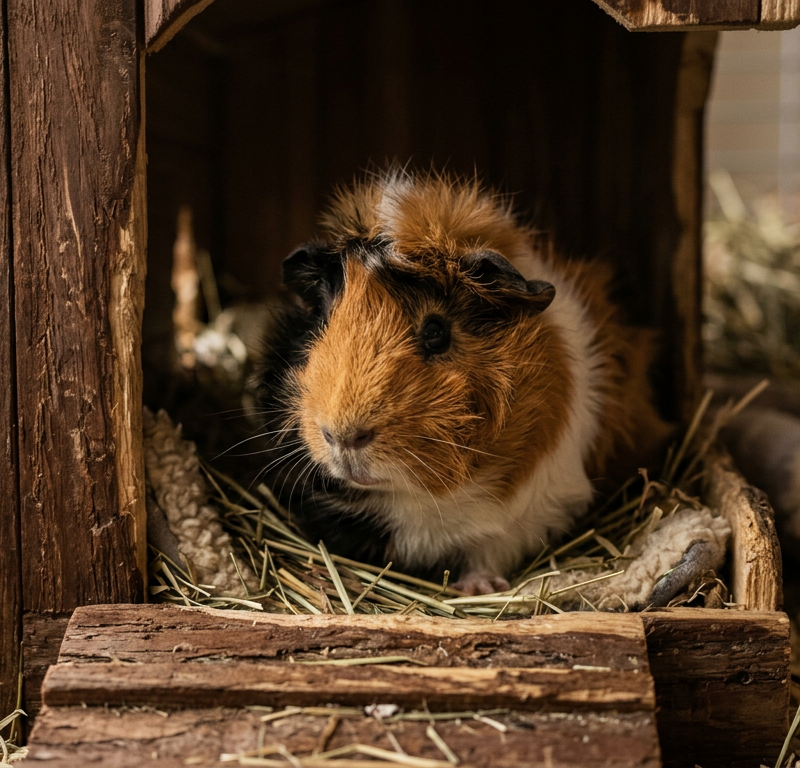 A cute Abyssinian guinea pig sitting in a wooden hideout inside a clean cage at night.
