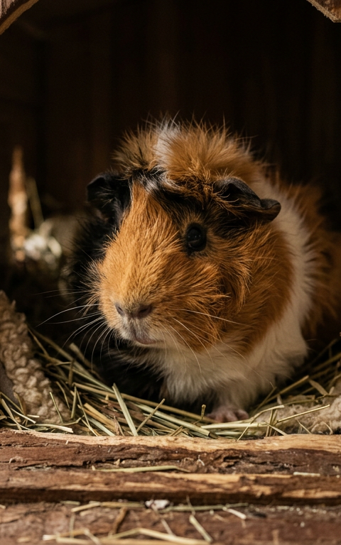 A cute Abyssinian guinea pig sitting in a wooden hideout inside a clean cage at night.