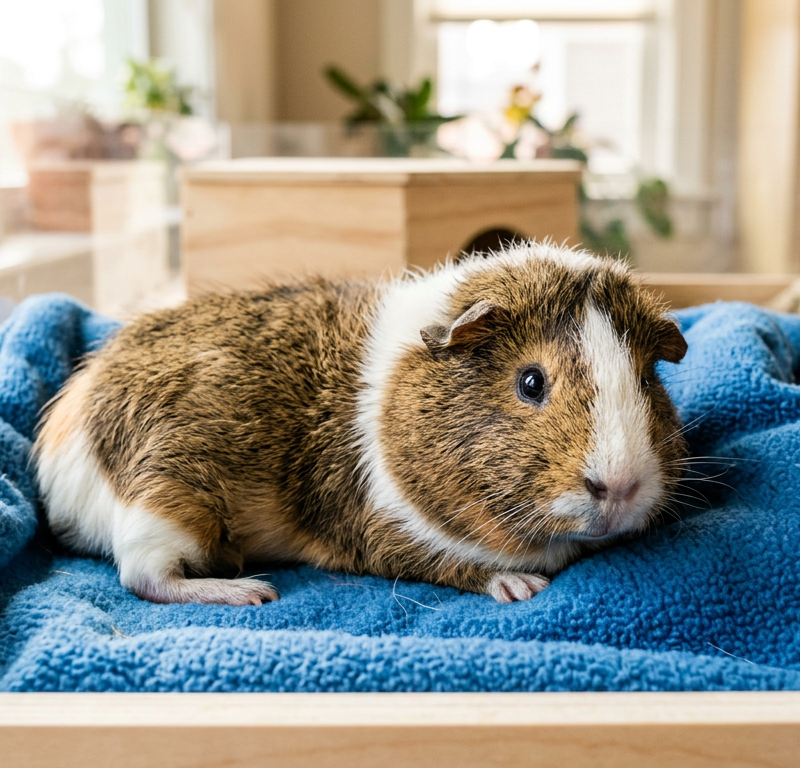 A tricolor Abyssinian guinea pig resting on soft blue fleece bedding in a well-lit cage.