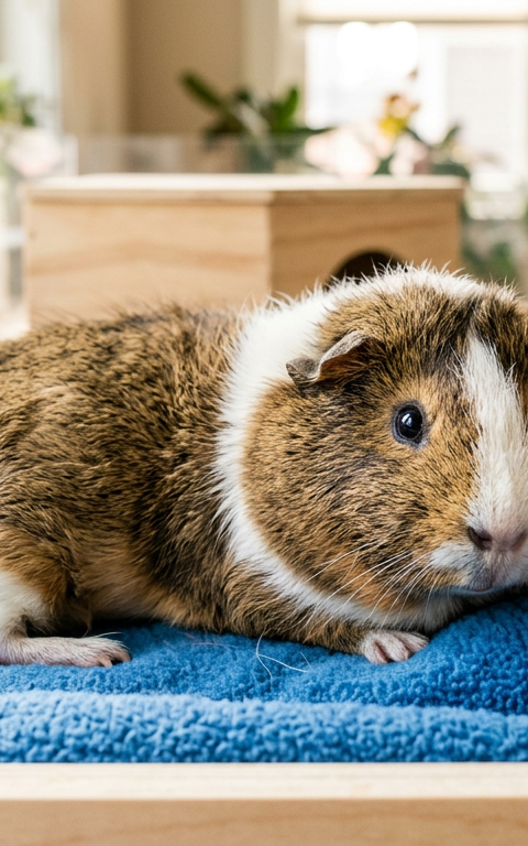A tricolor Abyssinian guinea pig resting on soft blue fleece bedding in a well-lit cage.