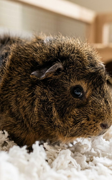 A brown and white Abyssinian guinea pig curiously sniffing at white paper-based bedding in a clean cage.