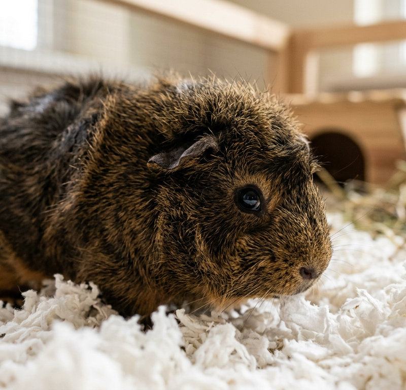 A brown and white Abyssinian guinea pig curiously sniffing at white paper-based bedding in a clean cage.