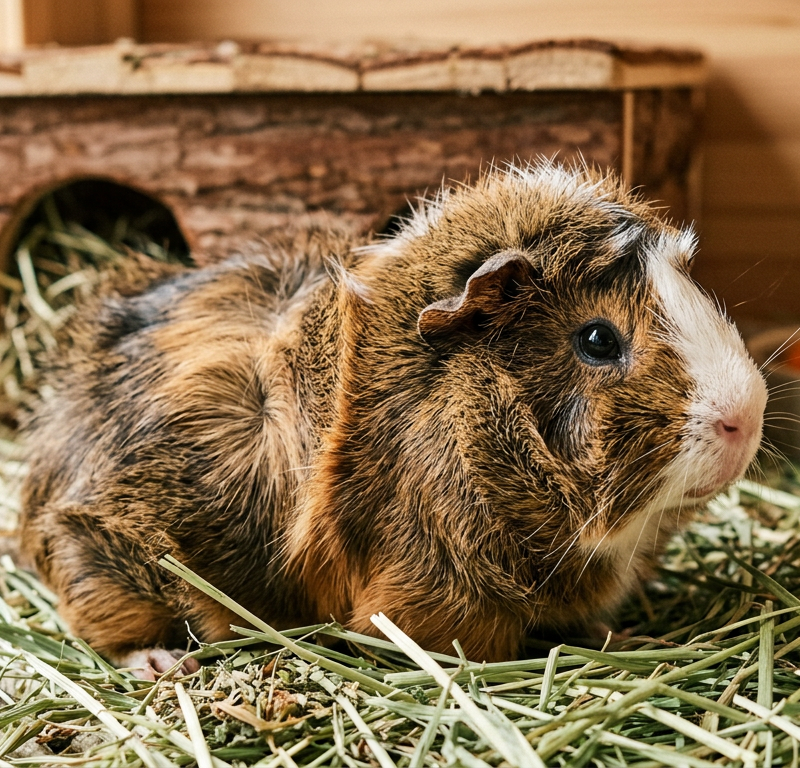 An Abyssinian guinea pig with ruffled, multi-colored fur sitting in a clean wooden enclosure with hay.