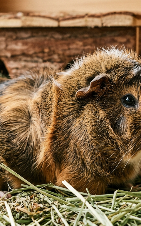 An Abyssinian guinea pig with ruffled, multi-colored fur sitting in a clean wooden enclosure with hay.