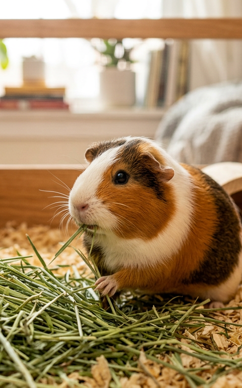 A healthy guinea pig resting comfortably in a clean habitat with fresh green hay.