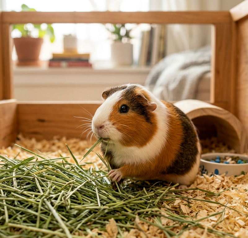 A healthy guinea pig resting comfortably in a clean habitat with fresh green hay.