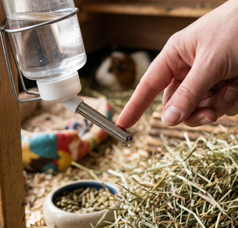 A close-up of a person checking the nozzle of a guinea pig water bottle in a clean cage.
