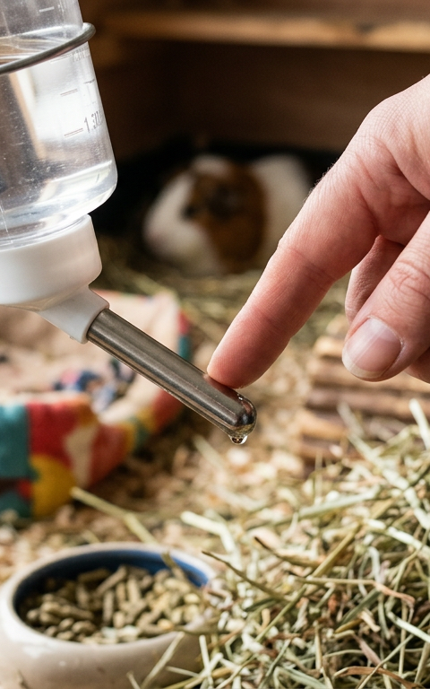 A close-up of a person checking the nozzle of a guinea pig water bottle in a clean cage.