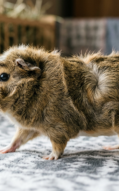 An Abyssinian guinea pig with ruffled fur performing a rumblestrut in a wooden enclosure.
