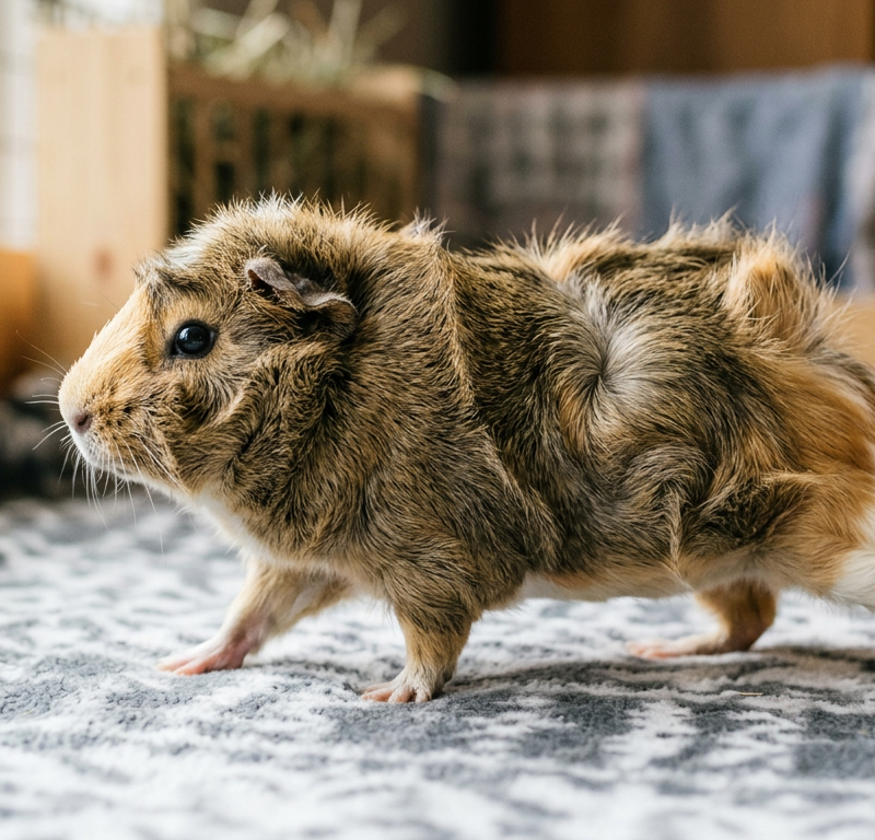 An Abyssinian guinea pig with ruffled fur performing a rumblestrut in a wooden enclosure.