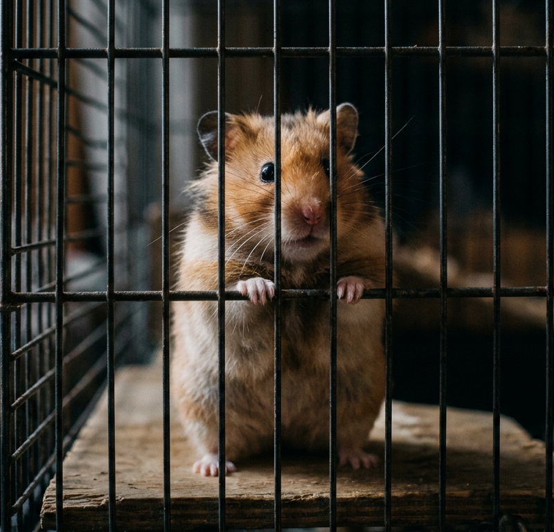 A Syrian hamster standing on its hind legs inside a wire cage during the night.