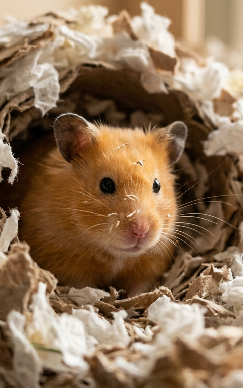 A cute Syrian hamster peeking out from a deep layer of colorful paper bedding and hay.
