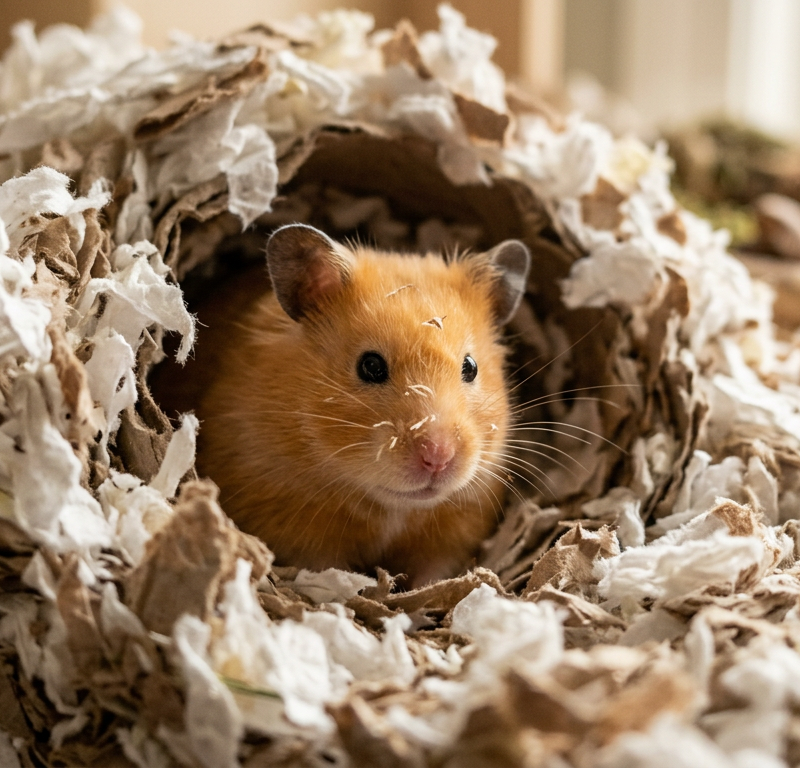 A cute Syrian hamster peeking out from a deep layer of colorful paper bedding and hay.