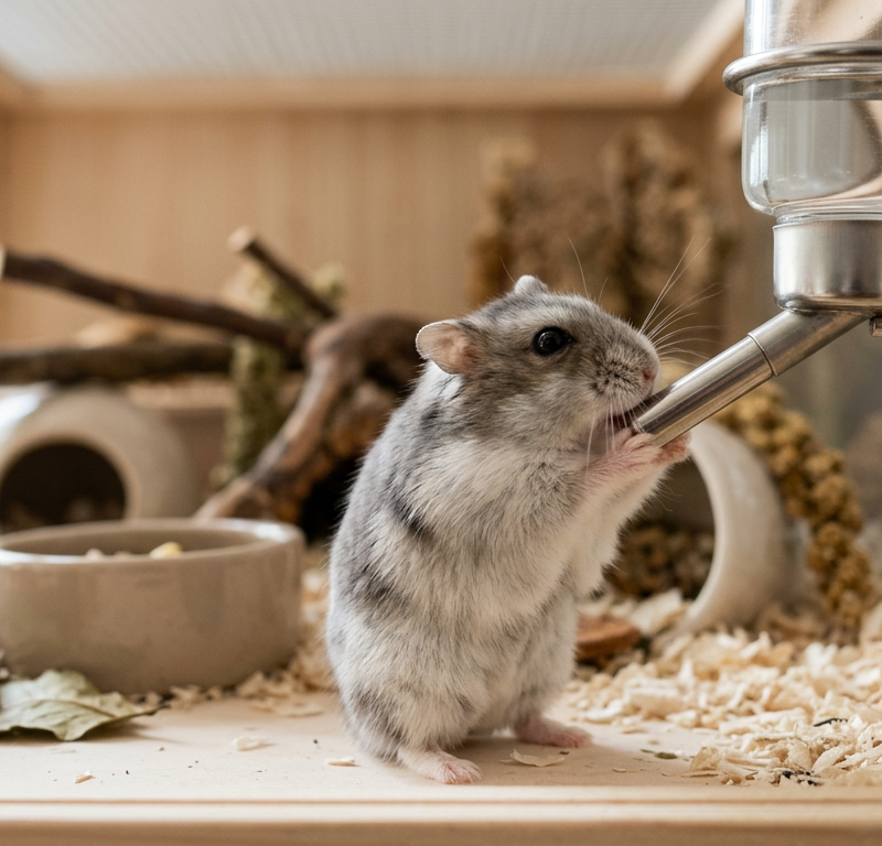 A small Winter White dwarf hamster standing on its hind legs to drink from a glass water bottle nozzle.