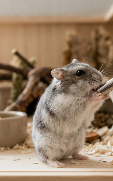 A small Winter White dwarf hamster standing on its hind legs to drink from a glass water bottle nozzle.