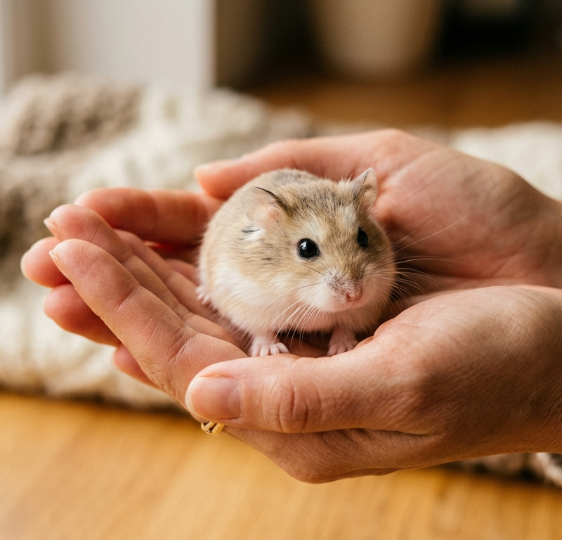 A small Roborovski hamster sitting in a person's open palm looking curious and calm.