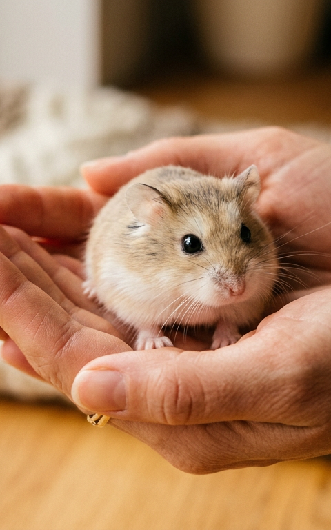 A small Roborovski hamster sitting in a person's open palm looking curious and calm.