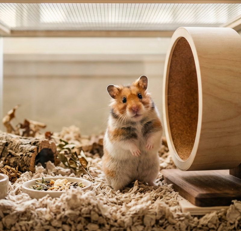 A Syrian hamster standing next to a silent wooden exercise wheel in a clean habitat.