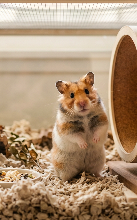 A Syrian hamster standing next to a silent wooden exercise wheel in a clean habitat.