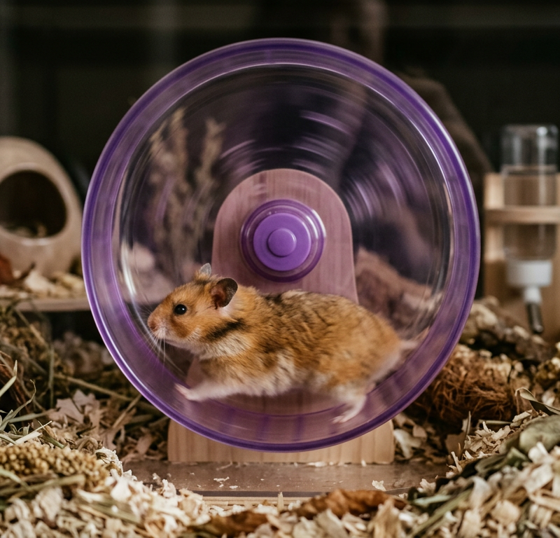 A Syrian hamster with golden fur running energetically on a large, solid-surface exercise wheel at night.