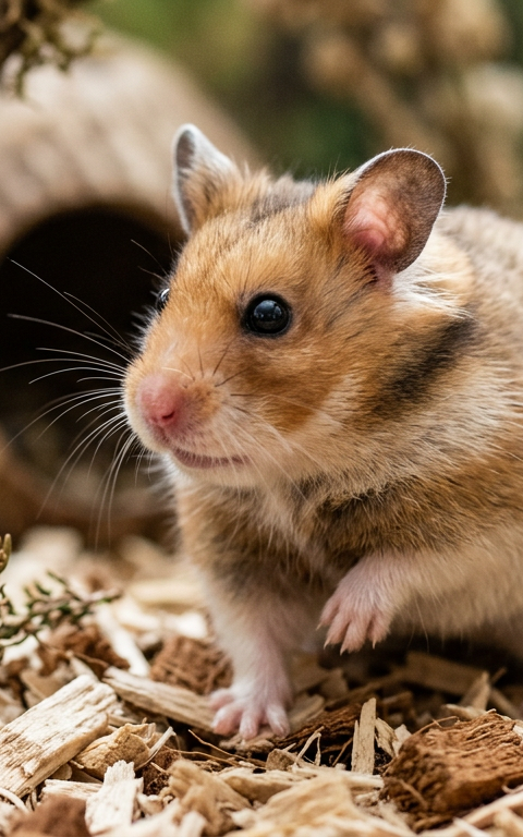 A Syrian hamster standing perfectly still on wooden bedding, ears pricked forward in a quiet room.