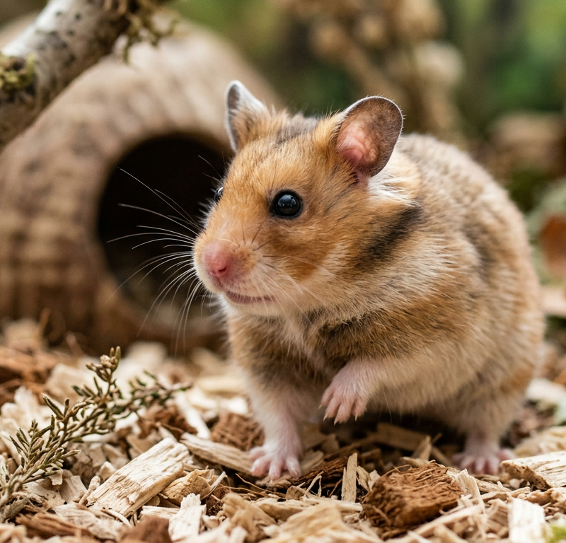 A Syrian hamster standing perfectly still on wooden bedding, ears pricked forward in a quiet room.