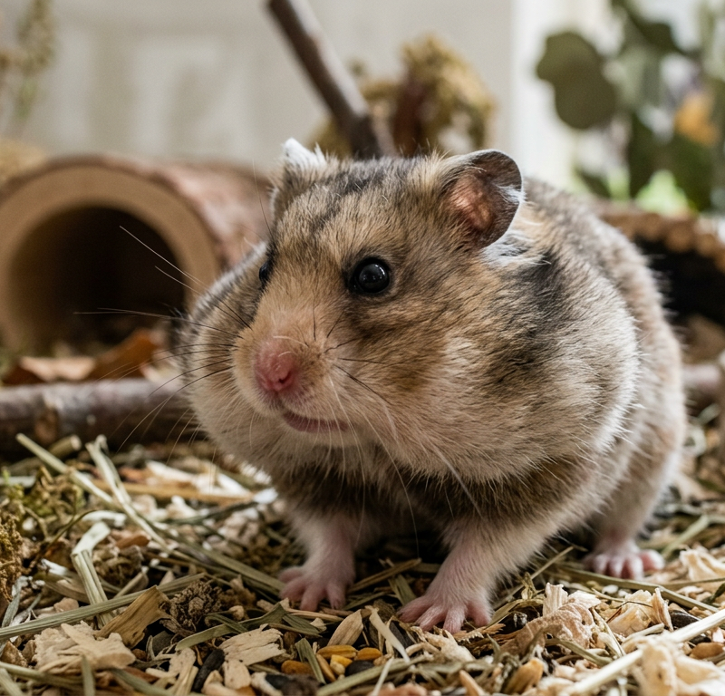 A Syrian hamster with very full cheek pouches sitting on a wooden platform.