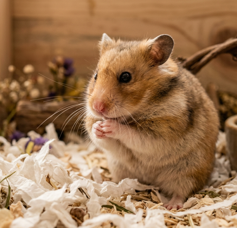 A Syrian hamster grooming its whiskers in a clean wooden habitat with soft bedding.