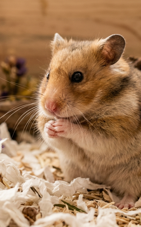 A Syrian hamster grooming its whiskers in a clean wooden habitat with soft bedding.