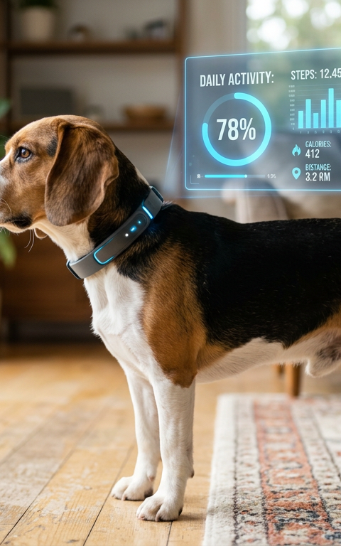 A Beagle wearing a smart collar while resting on a modern living room rug with a digital overlay of health stats.