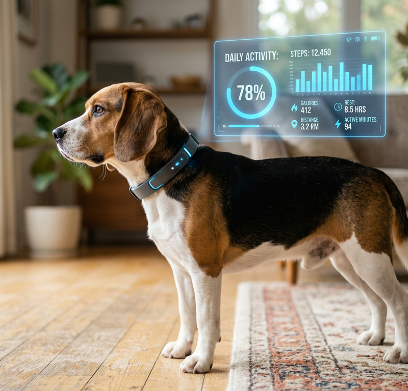 A Beagle wearing a smart collar while resting on a modern living room rug with a digital overlay of health stats.
