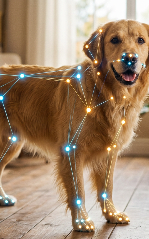 A digital overlay showing skeletal mapping and facial recognition points on a golden retriever dog.